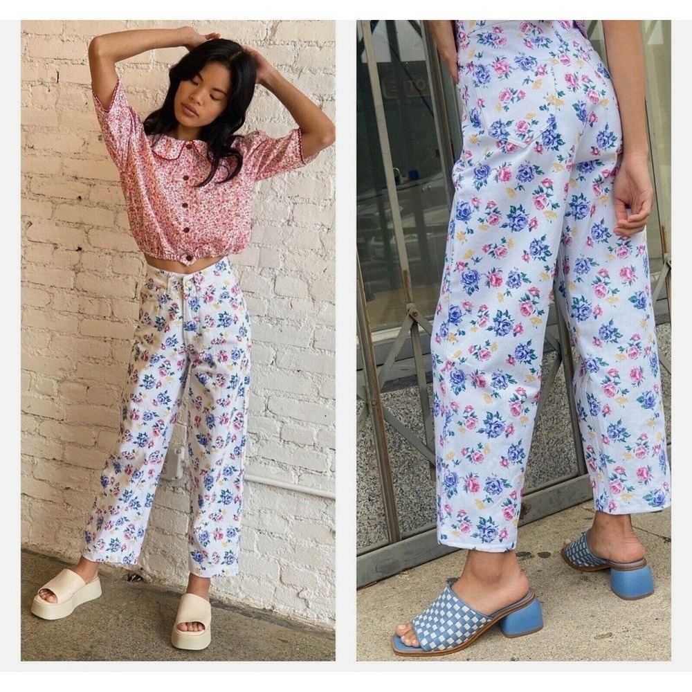 Tach kiki Clothing Floral Print High Waisted Wide‎ Leg Jeans Women's Medium